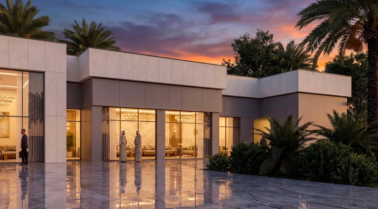 Architectural visualisation showing another exterior view of the same low-rise project with reflective paving and palm trees at dusk