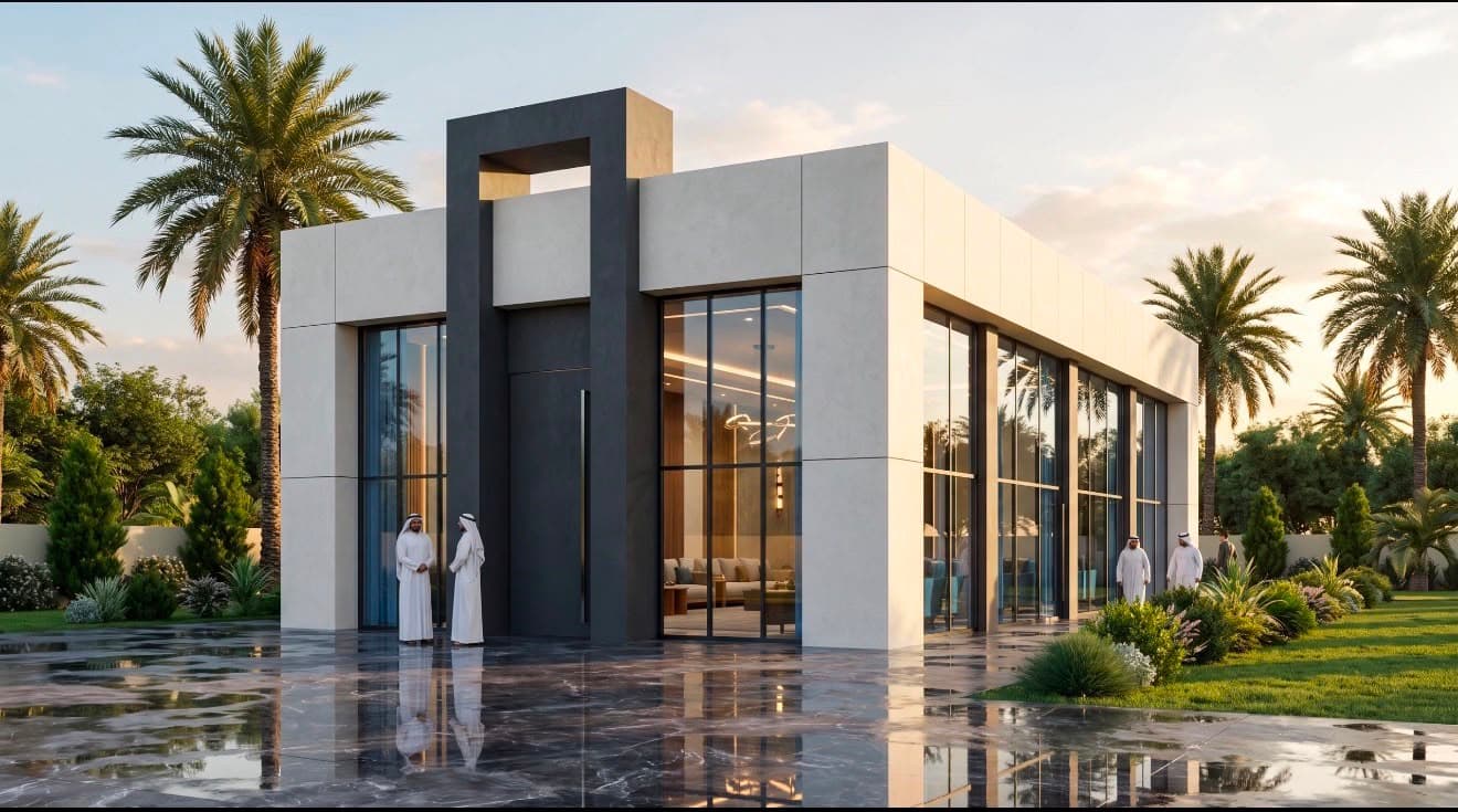 Architectural visualisation showing a daylight exterior view of the same project with tall glazing, landscaped grounds, and palm trees